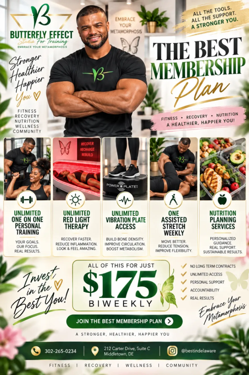 BEST Membership Plan flyer showing $175 biweekly, unlimited one-on-one personal training, red light therapy, vibration plate access, weekly assisted stretch, and nutrition planning.