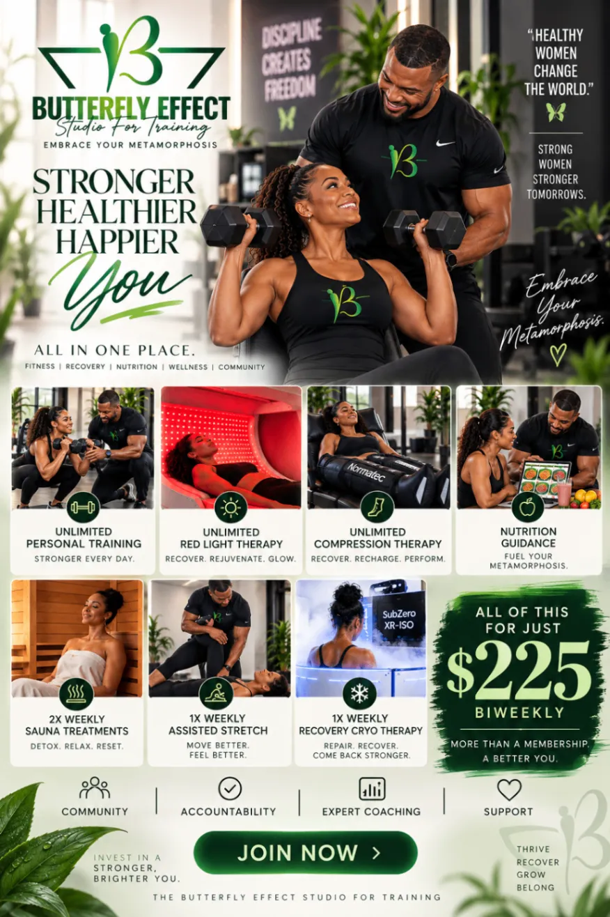 BEST Membership PLUS wellness plan flyer listing $225 biweekly and personal training, red light and compression therapy, nutrition guidance, sauna, assisted stretch, and weekly cryotherapy.